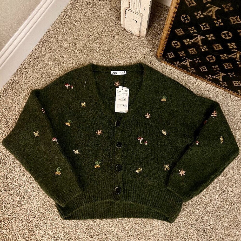 Zara Dark Green Cardigan with Floral Embroidery